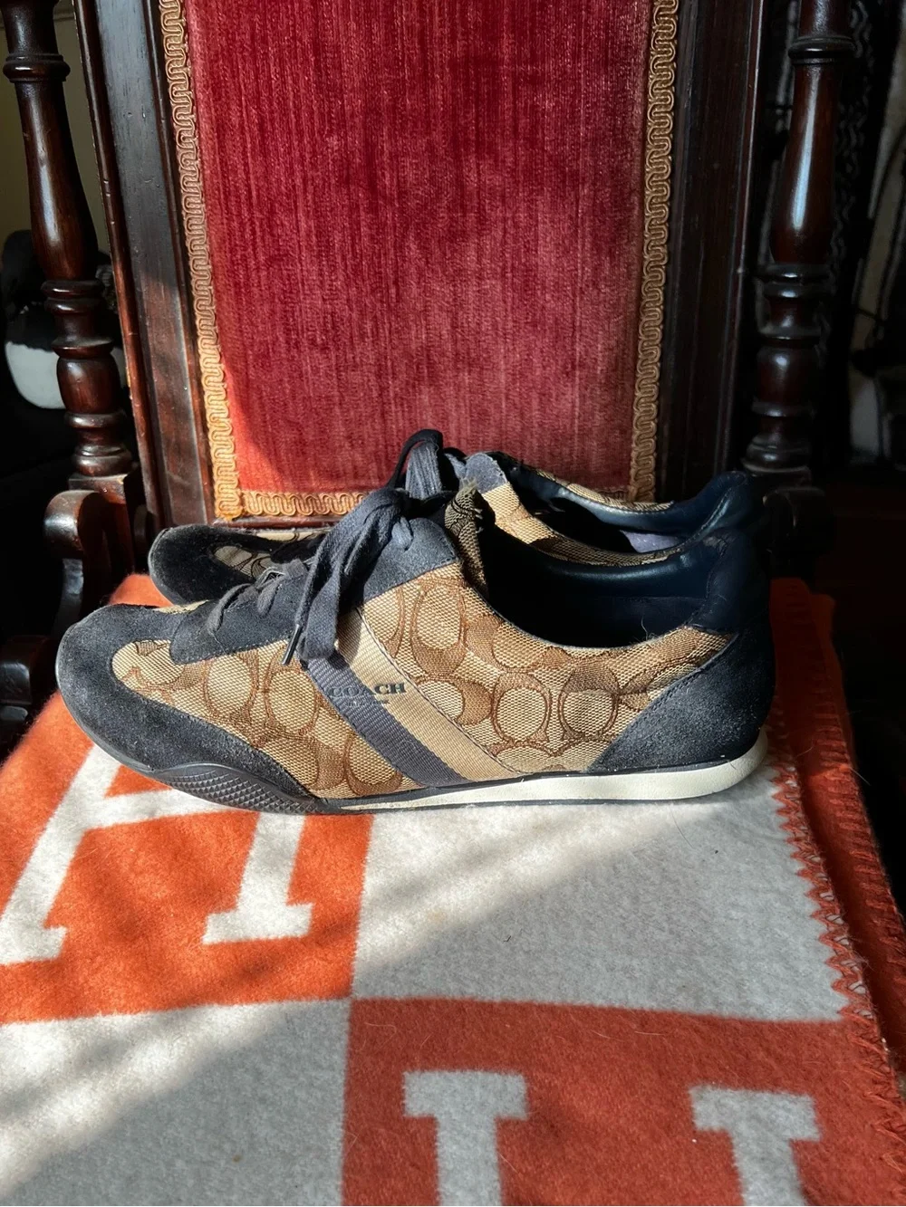 Coach Women's Blue and Tan Monogram Lace-Up Sneakers